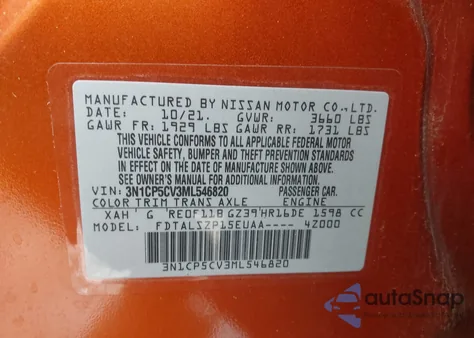 2021 Nissan Kicks Sv Xtronic Cvt z USA, uszkodzony, nr VIN 3N1CP5CV3ML546820